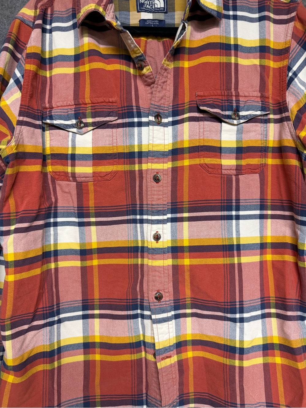 The North Face Men’s L Plaid Button Down Shirt Red Yellow Blue Outdoor Flannel